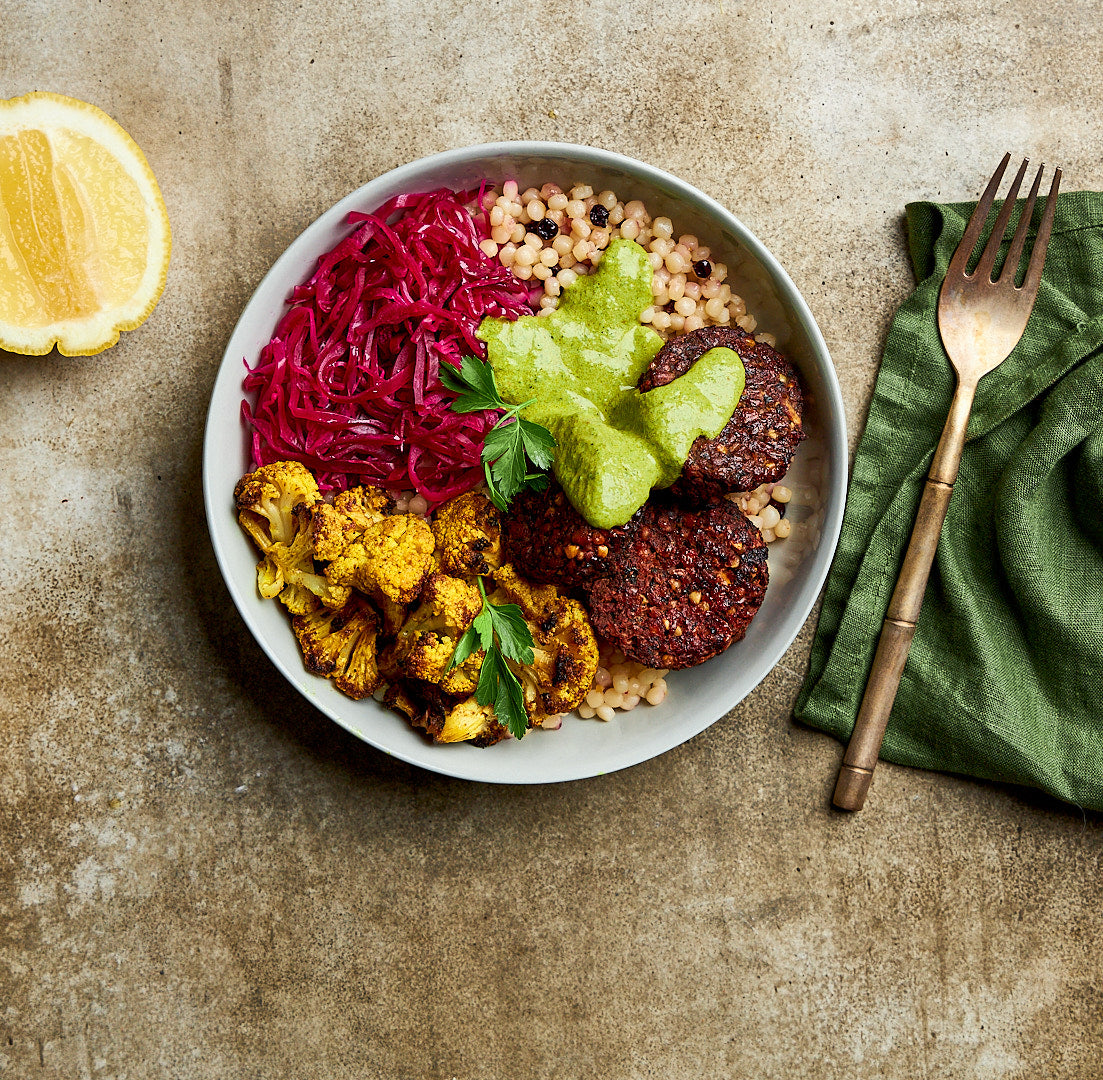 Beetroot falafel bowl with green tahini