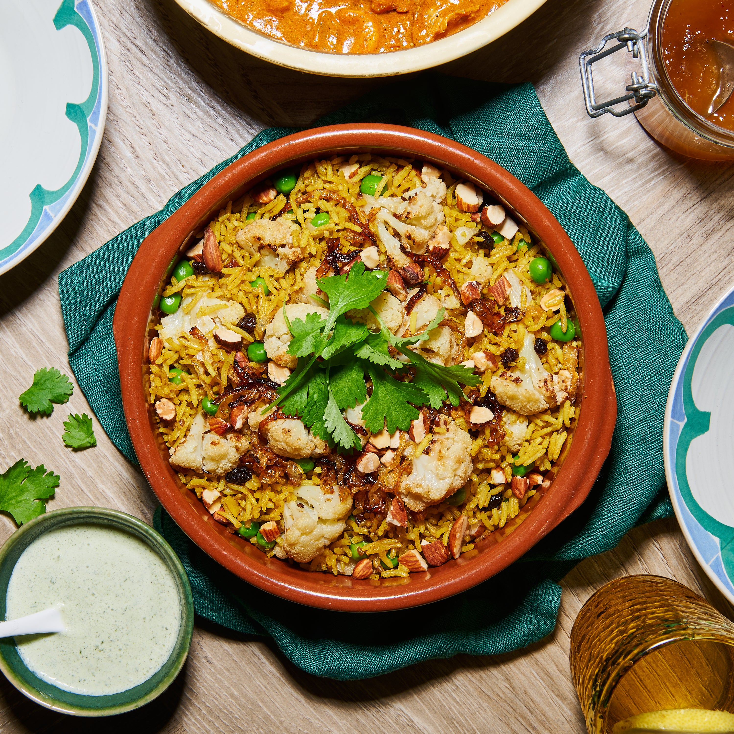 Pilaf rice with roast cauliflower and raita