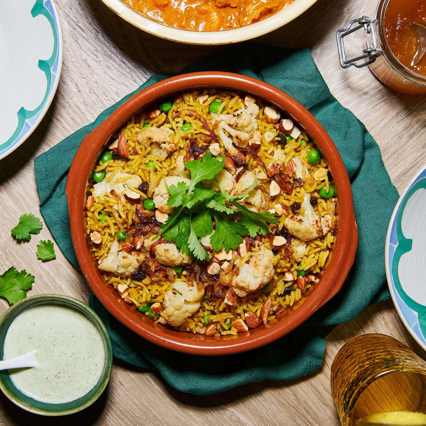 Pilaf rice with roast cauliflower and raita