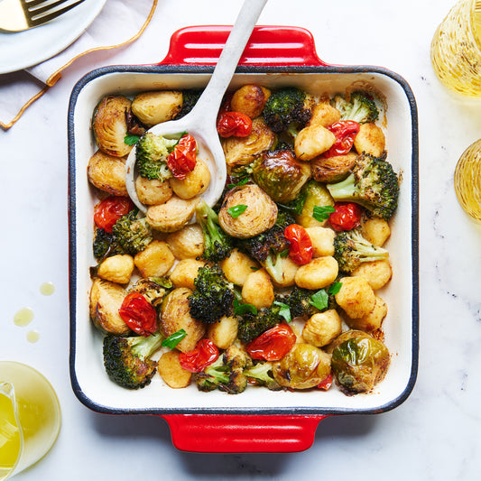 Roast Brussels sprouts and broccoli with spiced honey and gnocchi