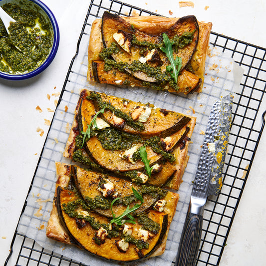 Roast pumpkin tart with caramelised onion and goat cheese