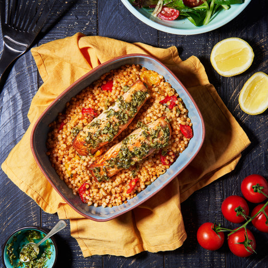 Salmon with pearl couscous and lemon-parsley salsa