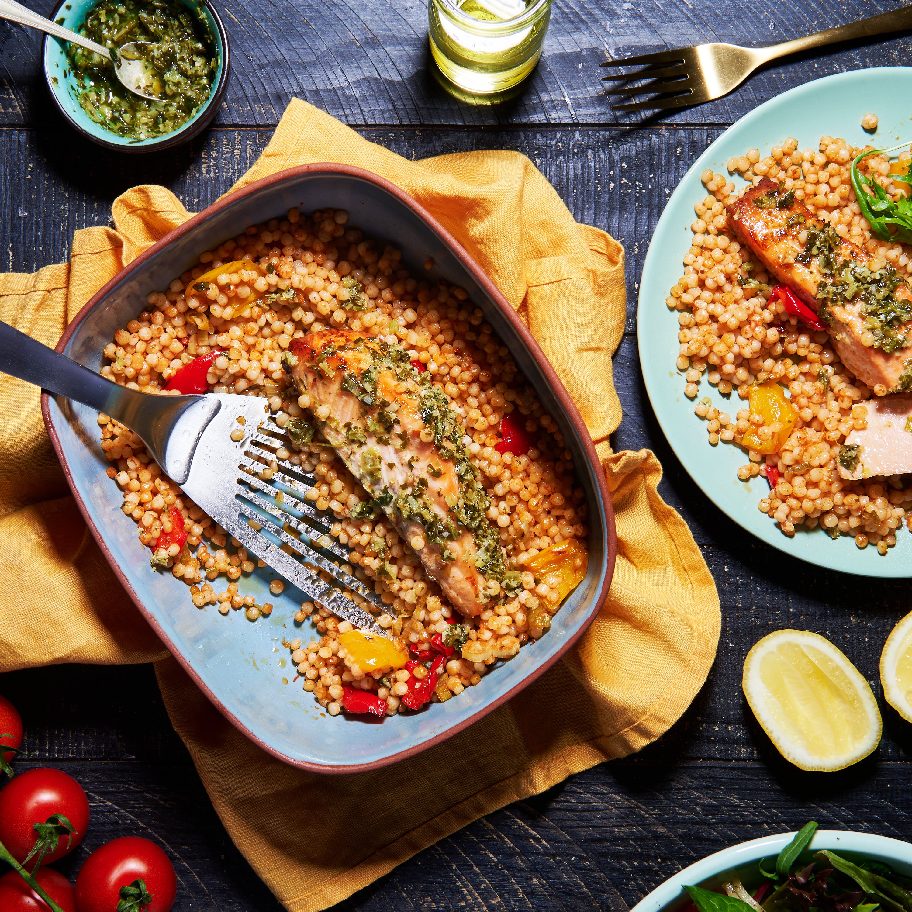 Salmon with pearl couscous and lemon-parsley salsa