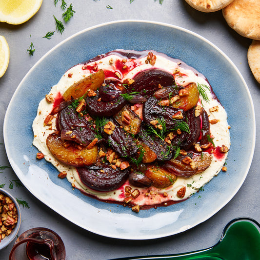 Roast beetroot with whipped fetta, pecans and pomegranate dressing