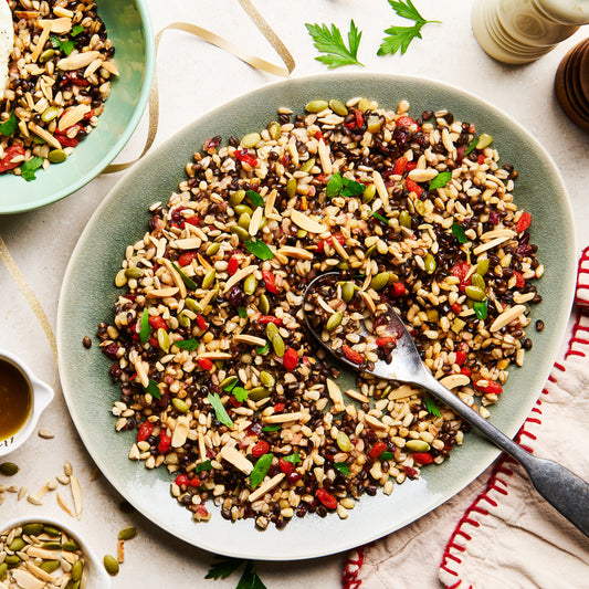 Grain salad with cranberries, toasted almonds and lemon mustard vinaigrette