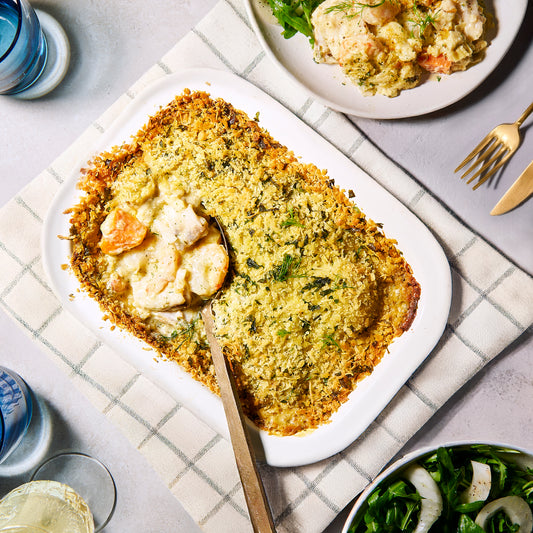 Prawn, leek and barramundi gratin