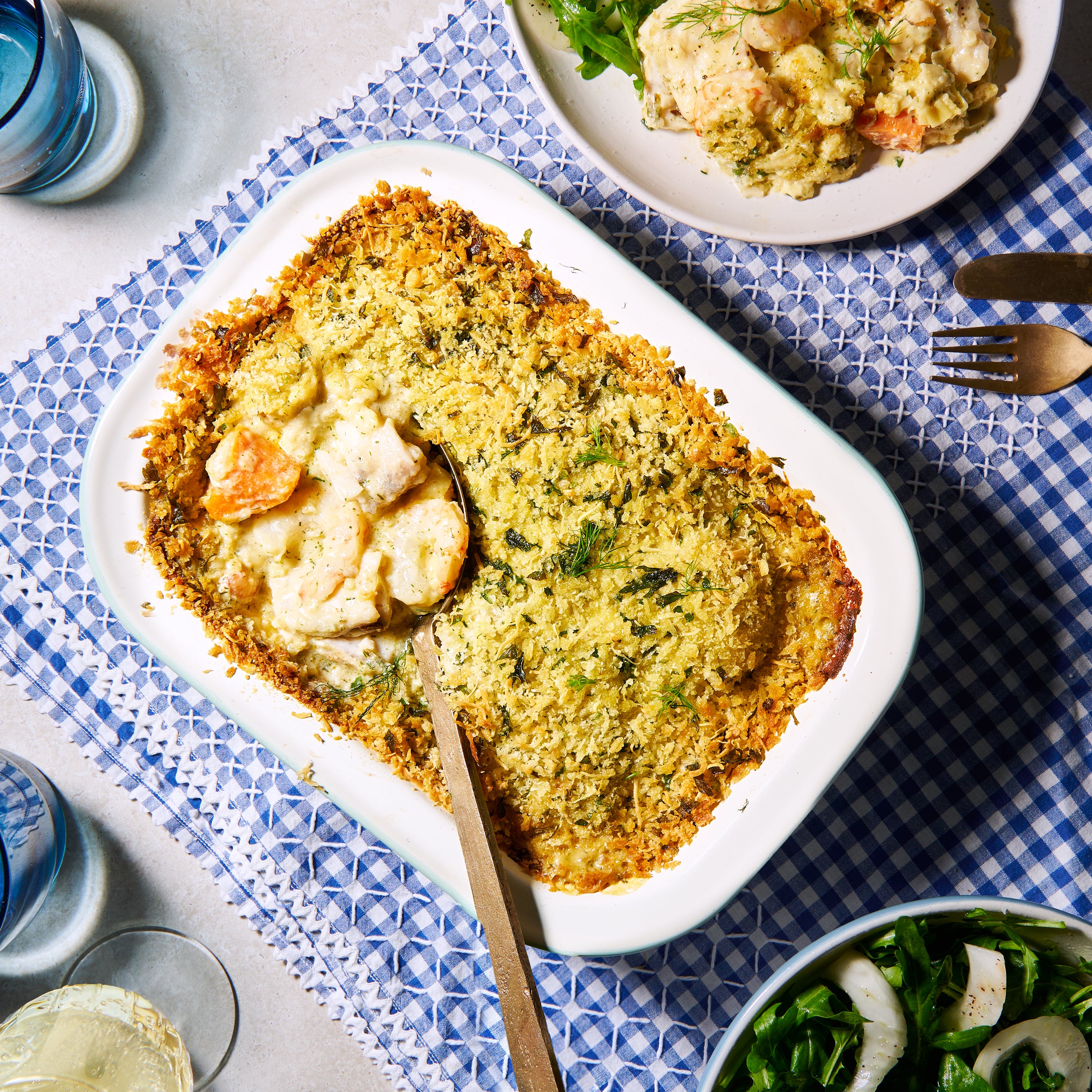 Prawn, leek and barramundi gratin