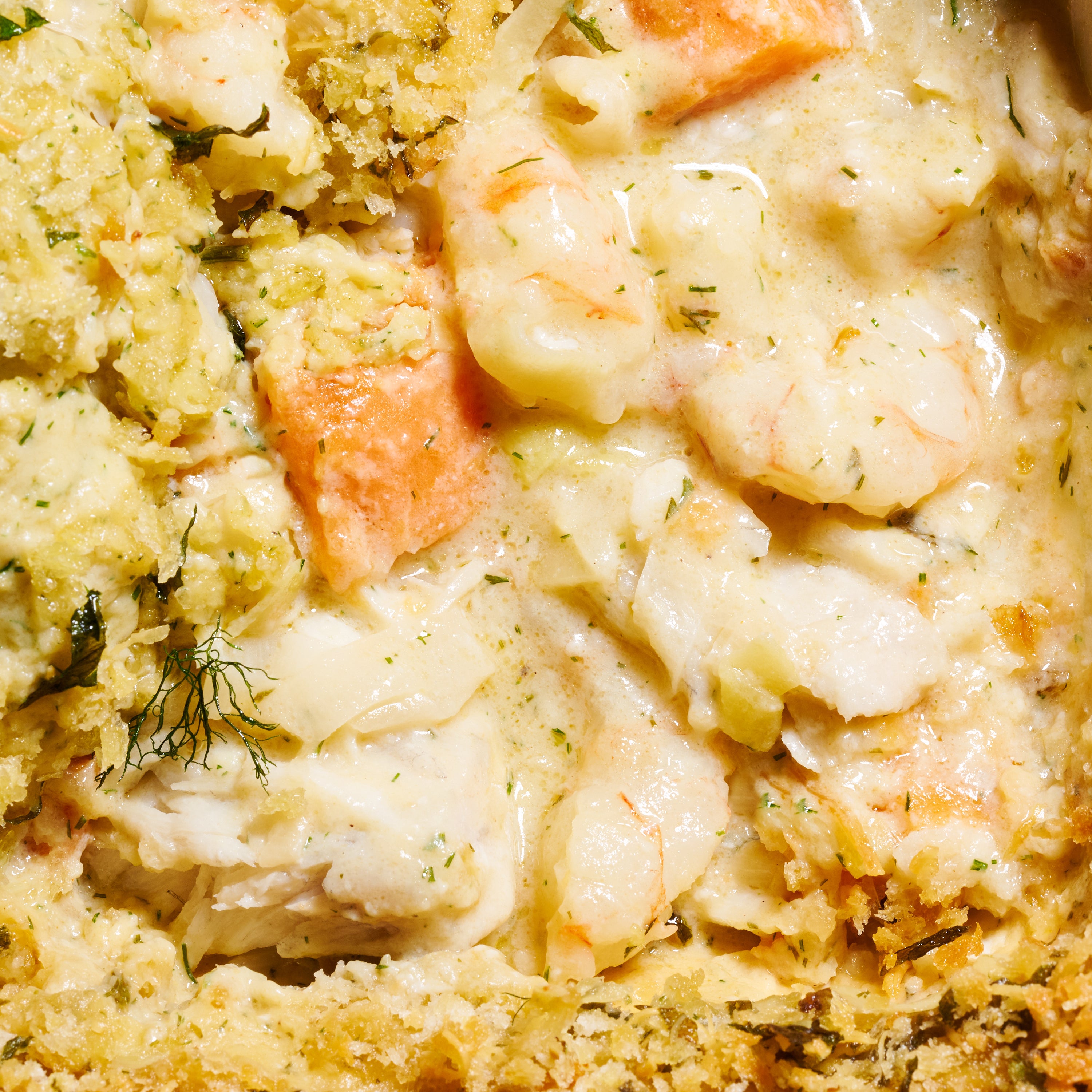 Prawn, leek and barramundi gratin