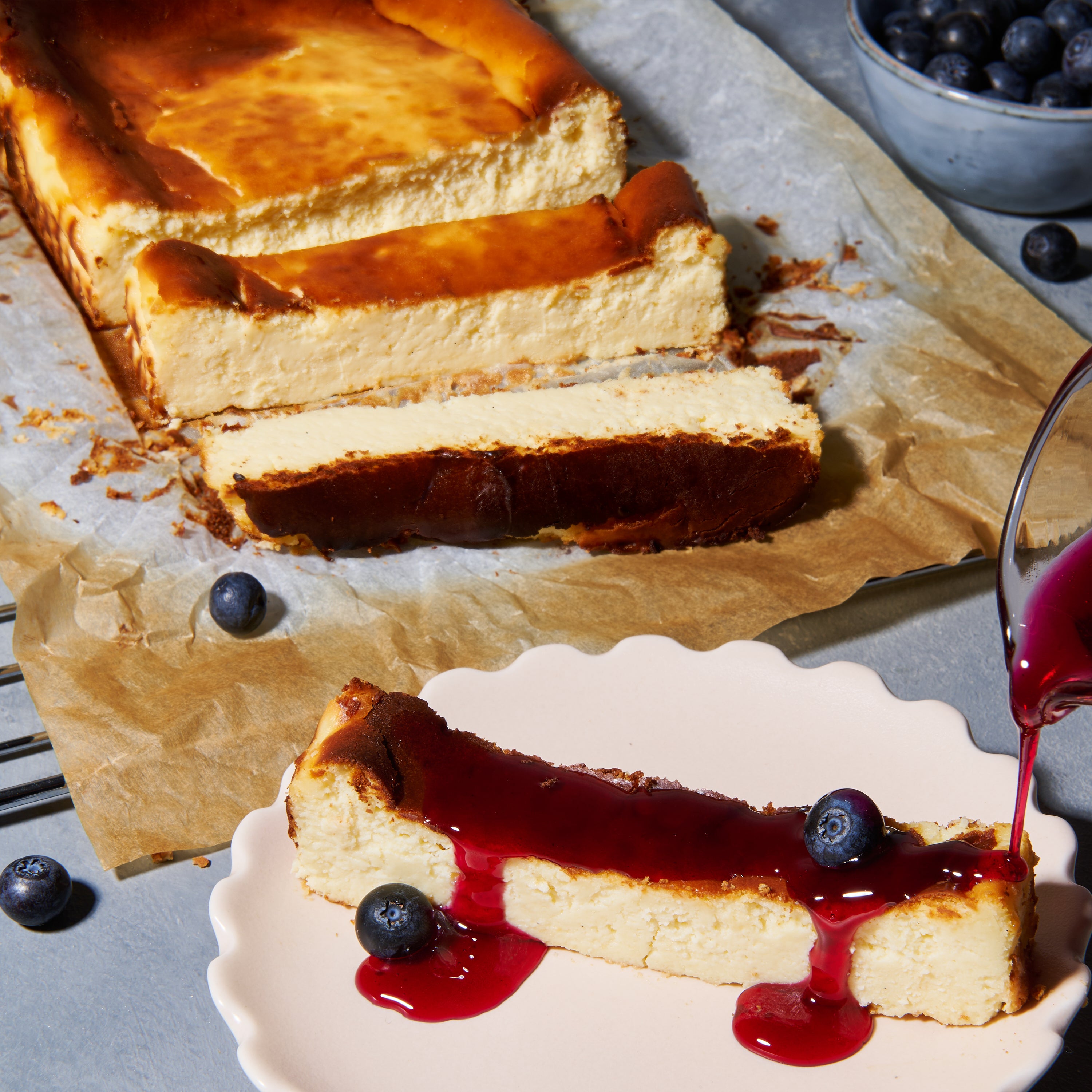 Bake-at-home Basque cheesecake with blueberry syrup