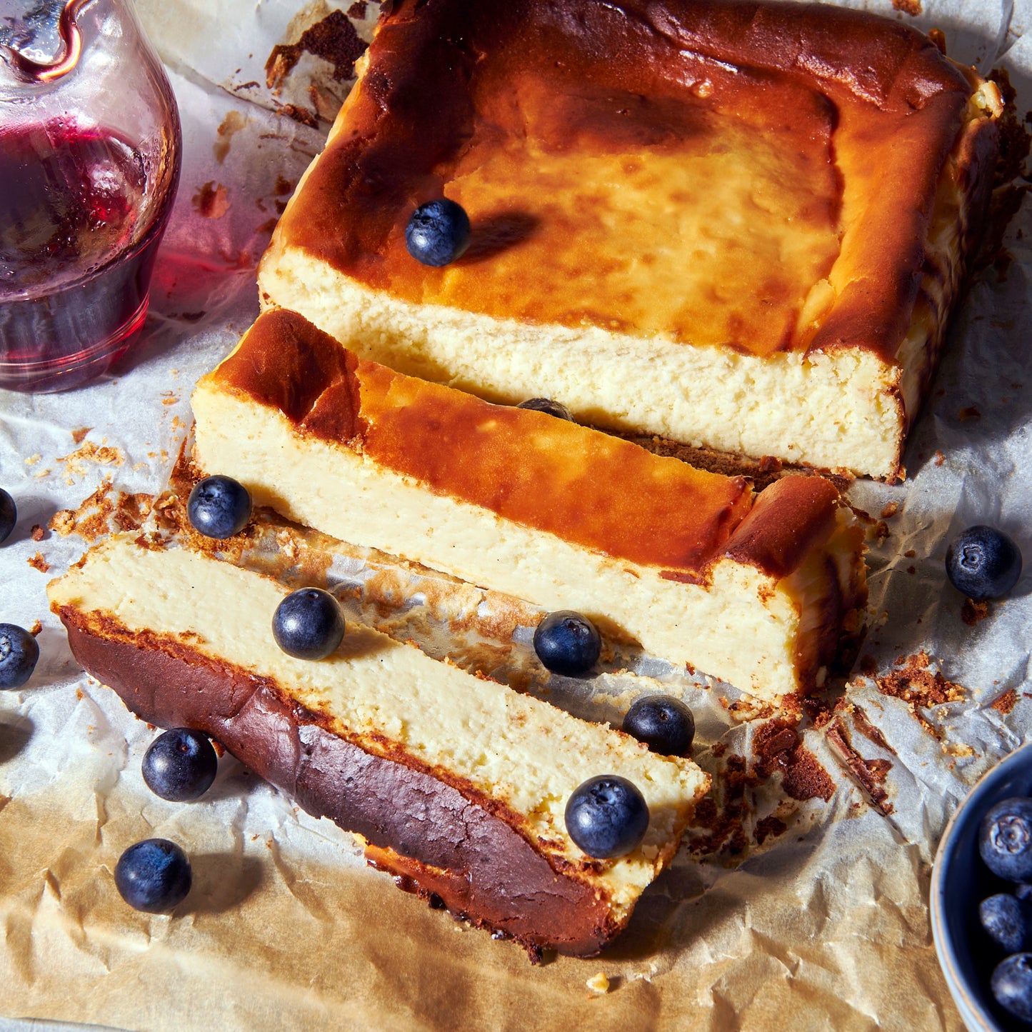 Bake-at-home Basque cheesecake with blueberry syrup