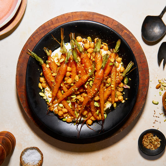 Roast Dutch carrots with whipped feta, pistachios and spiced honey