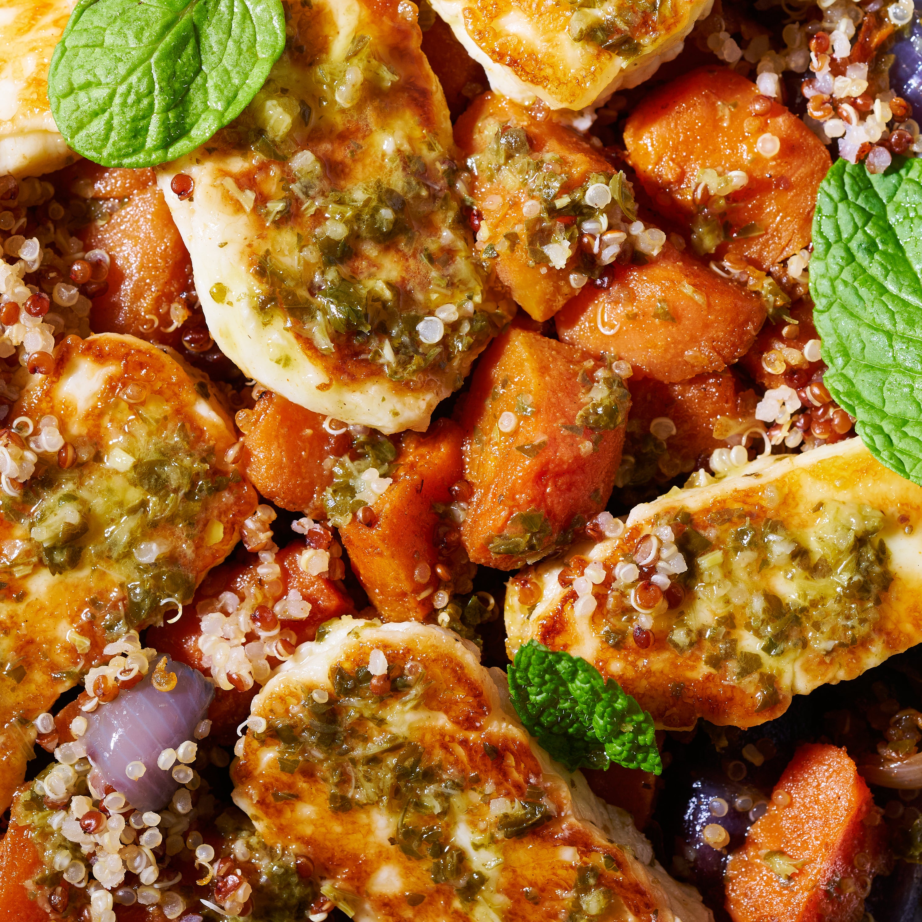 Warm roast carrot, quinoa and haloumi salad