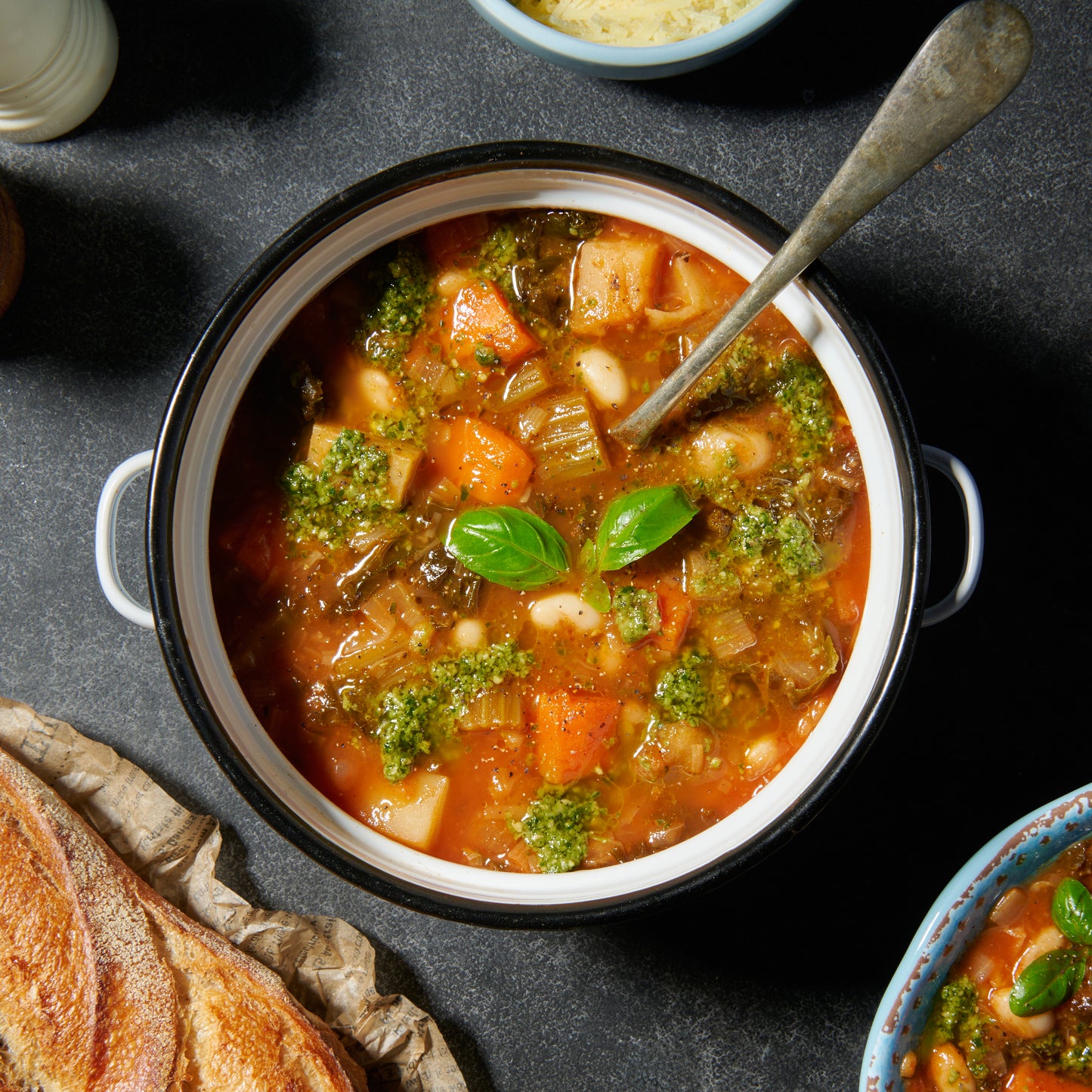 Minestrone soup with basil pesto