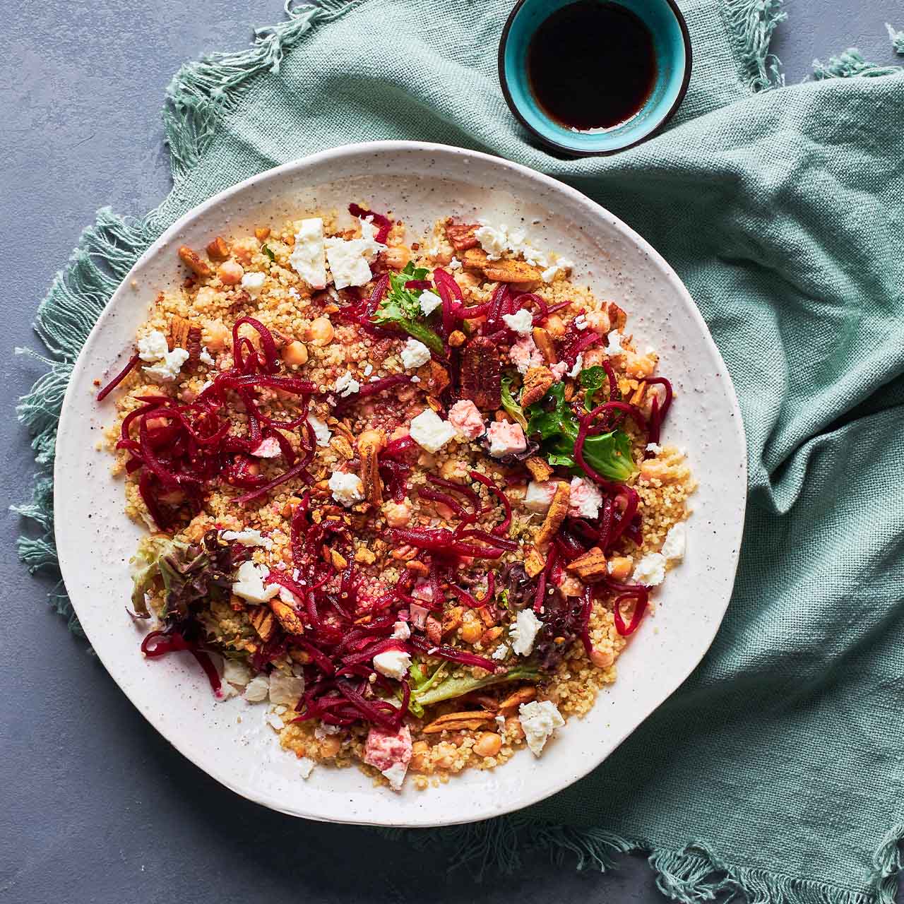 Quinoa and pickled beetroot salad with spiced pecans