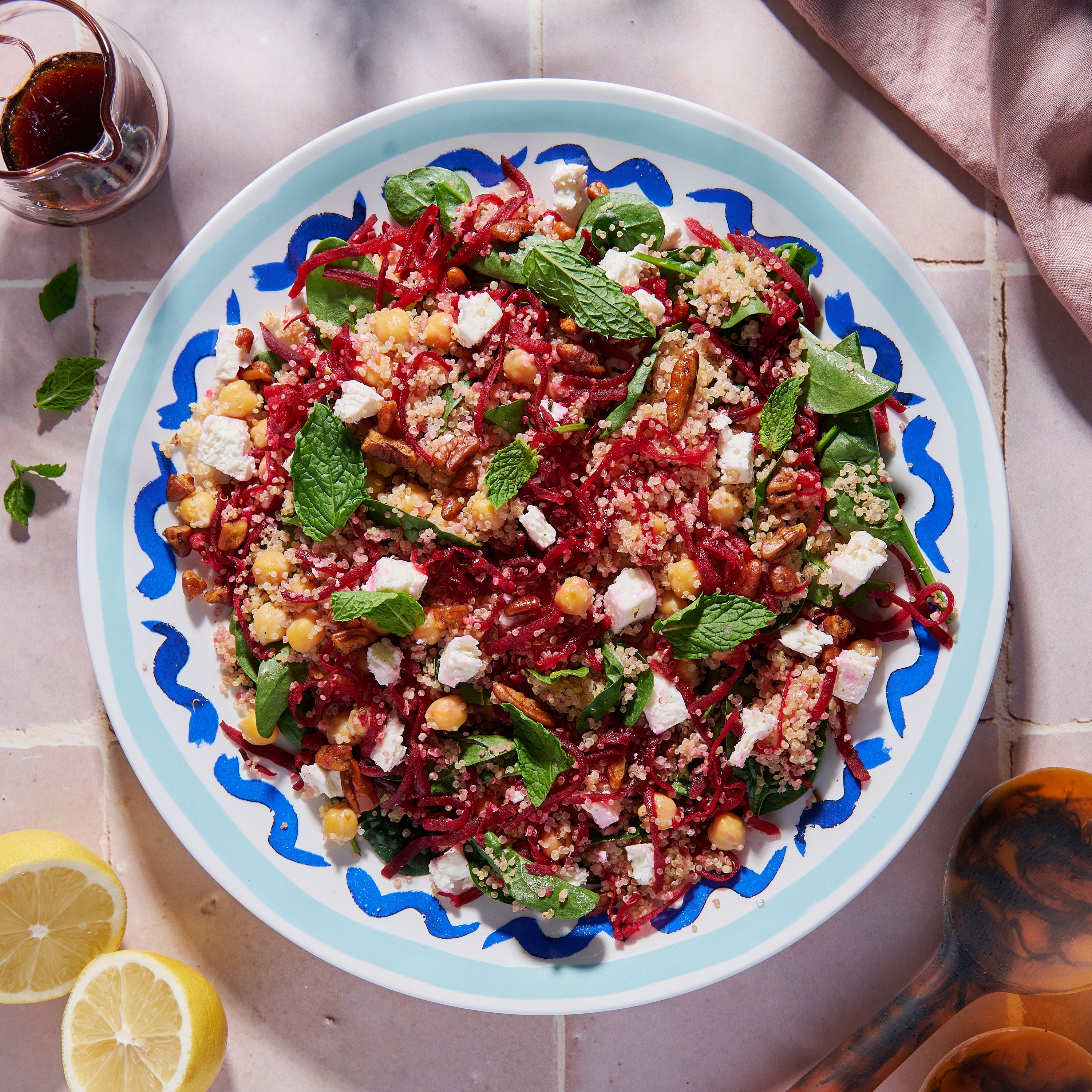 Quinoa and pickled beetroot salad with spiced pecans