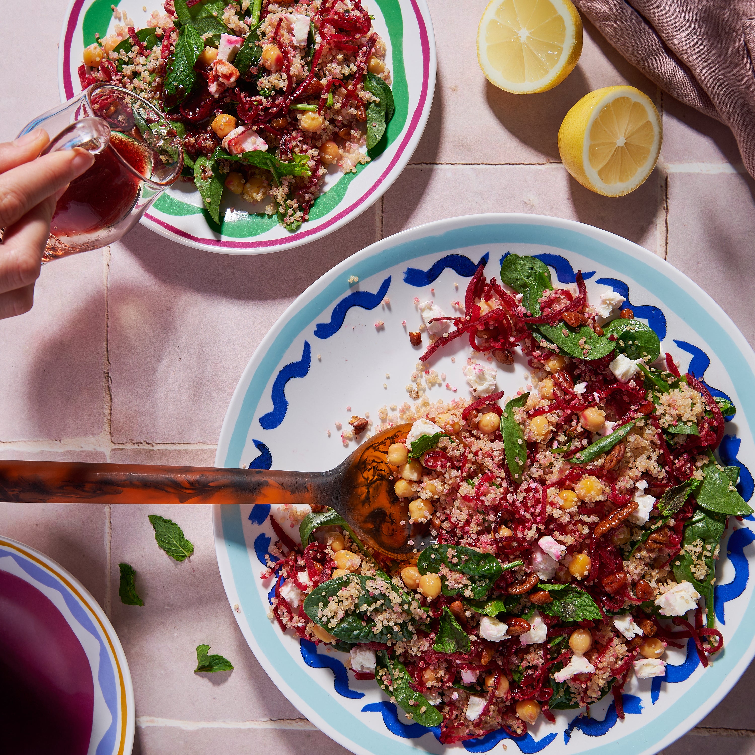 Quinoa and pickled beetroot salad with spiced pecans