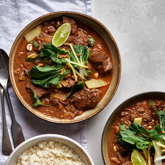 Red curry of beef with bamboo shoots and lime leaves